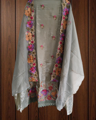 Elegant Shimmer Tissue Suit with 3D Parsi Embroidery & Organza Dupatta
