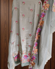 Elegant Shimmer Tissue Suit with 3D Parsi Embroidery & Organza Dupatta