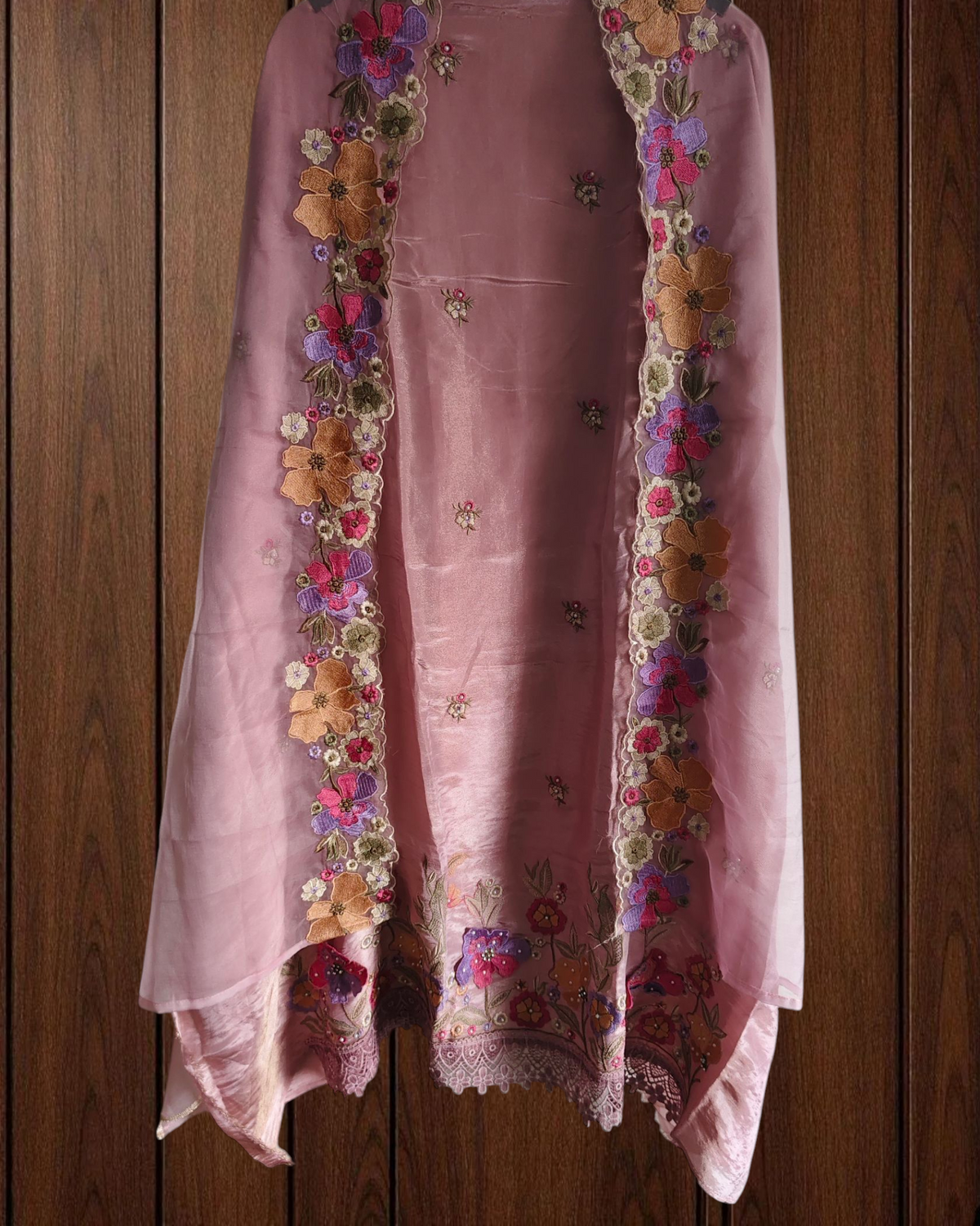 Elegant Shimmer Tissue Suit with 3D Parsi Embroidery & Organza Dupatta