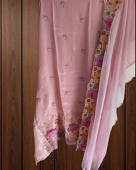 Elegant Shimmer Tissue Suit with 3D Parsi Embroidery & Organza Dupatta