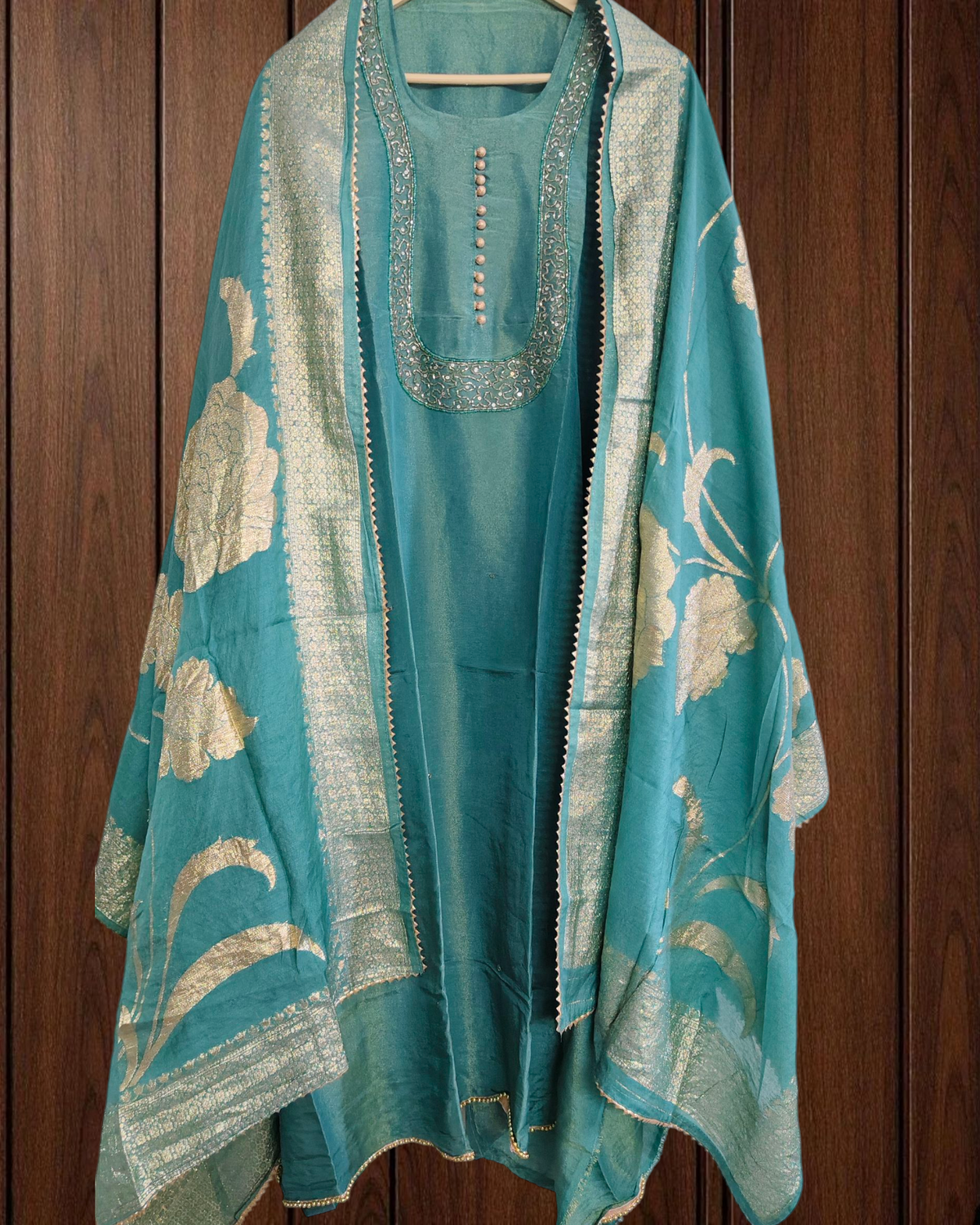 Radiant Shimmer Tissue Suit Set with Cut Dana & Banarasi Dupatta