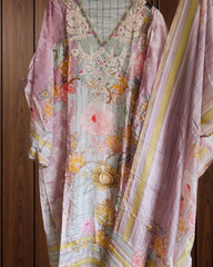 Exquisite Glass Organza Digital Print Semi-Stitched Suit with Hand Work and Pearl Highlighted Daman
