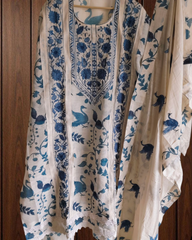 Printed cotton Linen Kurta with Crochet & Embroidered Dupatta: Suit Set