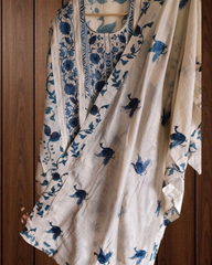Printed cotton Linen Kurta with Crochet & Embroidered Dupatta: Suit Set