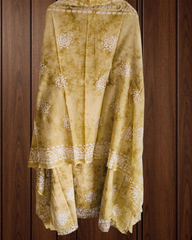 Cotton Batik Elegance: Kurta with Laser-Cut Daman & Printed Dupatta