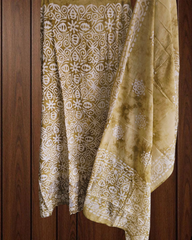 Cotton Batik Elegance: Kurta with Laser-Cut Daman & Printed Dupatta