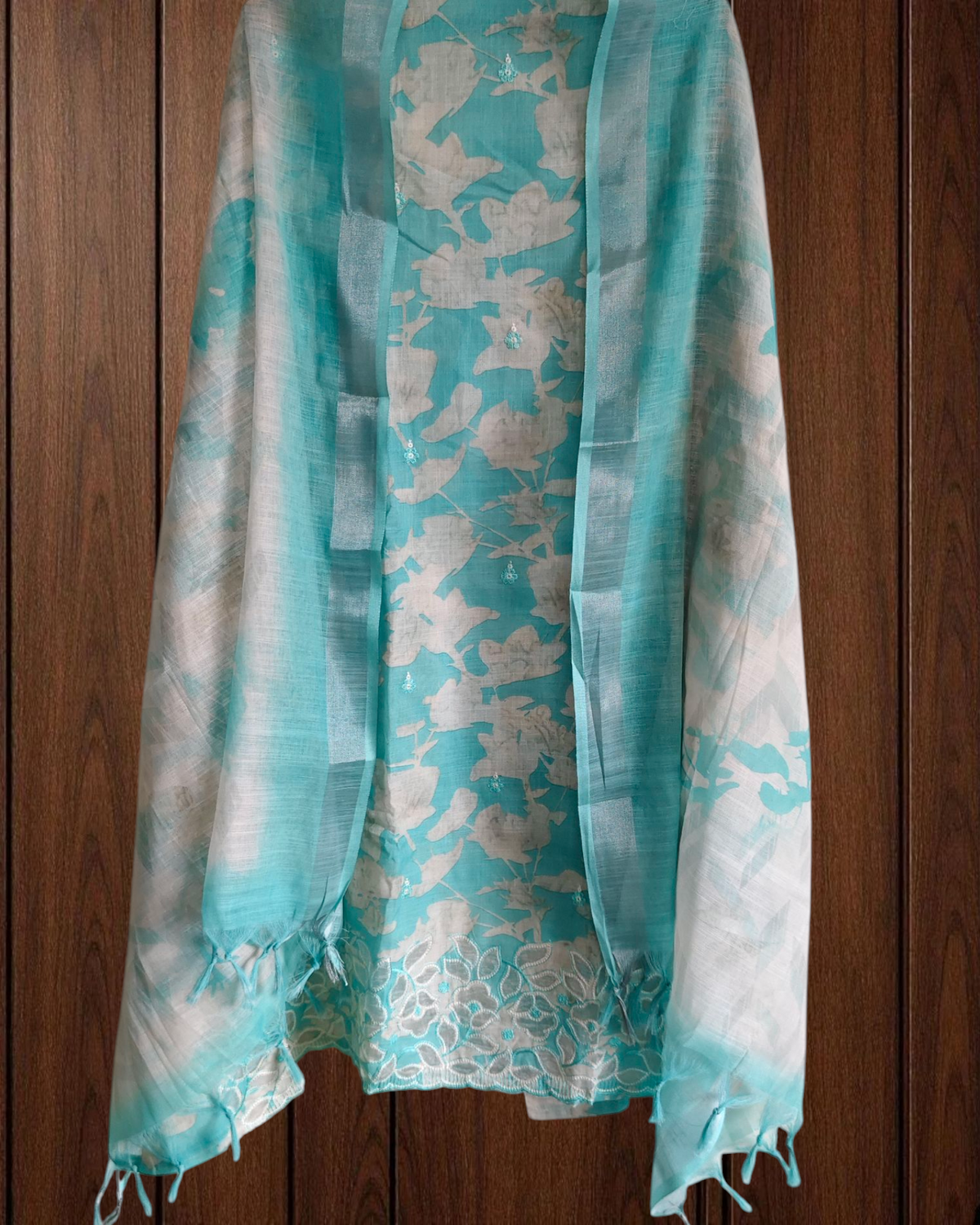 Elegant Cotton Linen Suit with  Laser-Cut Detailing & Embroidery