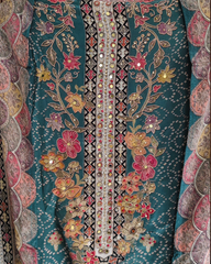 Elegant Crepe Digital Print Suit with Pearl & Mirror Highlights