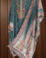 Elegant Crepe Digital Print Suit with Pearl & Mirror Highlights