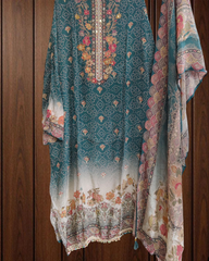 Elegant Crepe Digital Print Suit with Pearl & Mirror Highlights