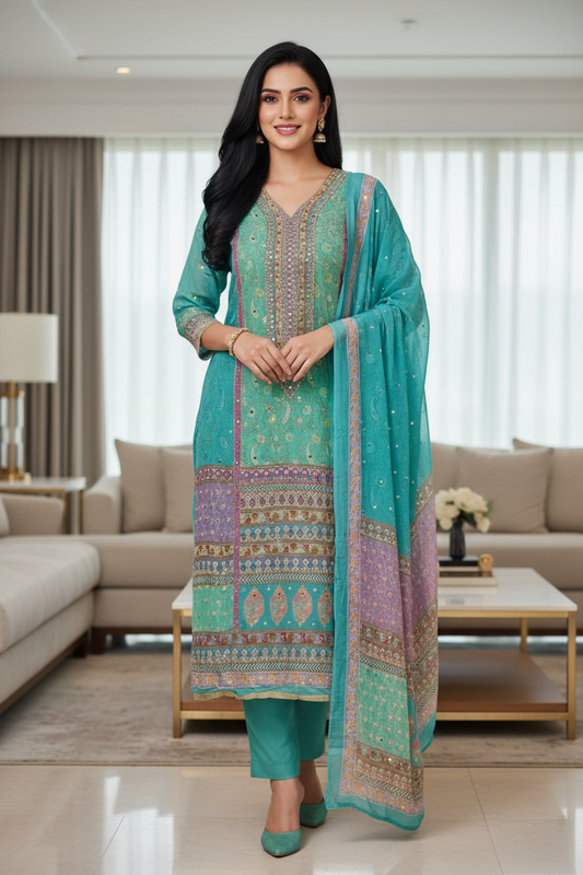 Elegant Organza Digital Print Suit With Mirror Highlighting & Chiffon Dupatta