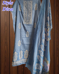 Elegant Glazed Cotton Un-Stitched Suit with Digital Print & Organza Embroidery Patch Work