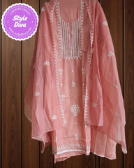 Elegant Soft Mul Chanderi Chikankari Suit with Cut-Dana Detailing & Scalloped Dupatta
