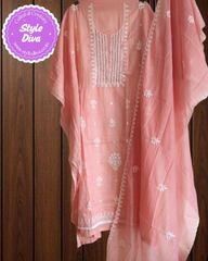 Elegant Soft Mul Chanderi Chikankari Suit with Cut-Dana Detailing & Scalloped Dupatta