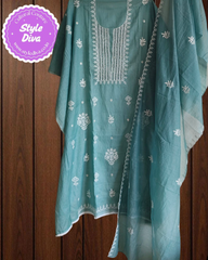 Elegant Soft Mul Chanderi Chikankari Suit with Cut-Dana Detailing & Scalloped Dupatta