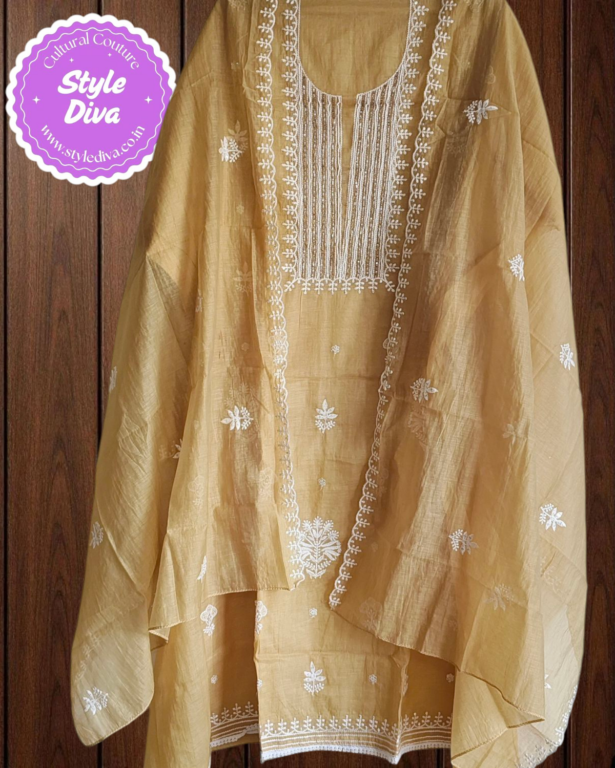 Elegant Soft Mul Chanderi Chikankari Suit with Cut-Dana Detailing & Scalloped Dupatta