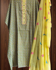Elegant Pure Cotton Printed Suit with Neck Work & Chiffon Brush-Paint Dupatta