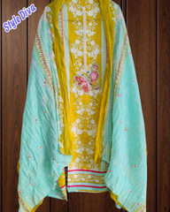 Graceful Printed Cotton Suit with Pearl & Bead Butterfly Detailing