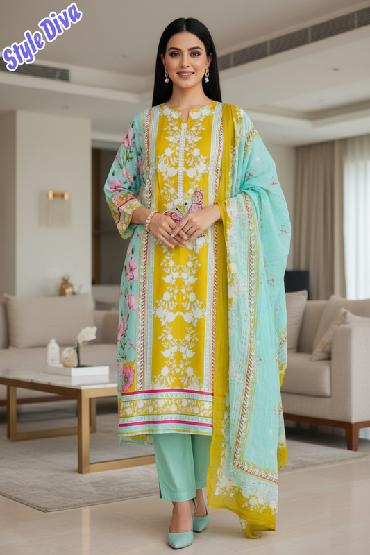 Graceful Printed Cotton Suit with Pearl & Bead Butterfly Detailing