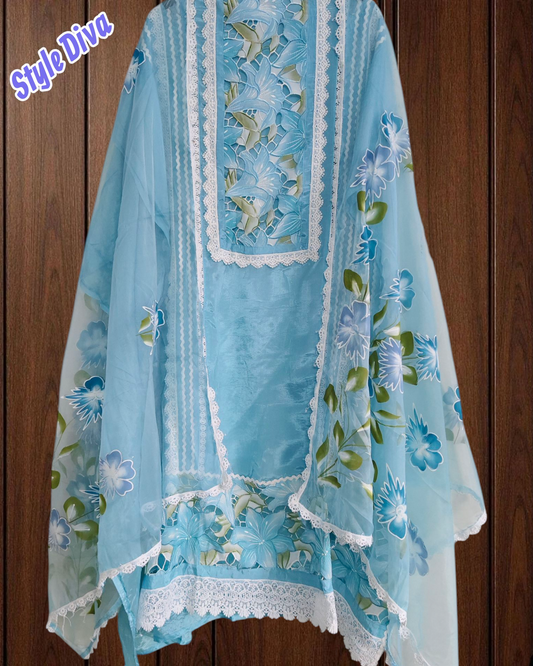 Elegant soft organza  Laser-Cut Suit with Organza Brush-Paint Dupatta