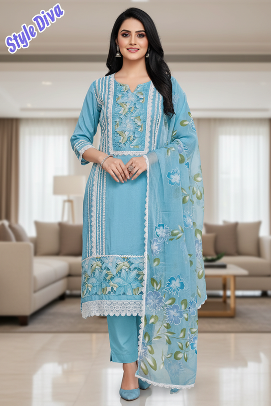 Elegant soft organza  Laser-Cut Suit with Organza Brush-Paint Dupatta