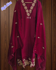 Elegant muslin Embroidered Suit with Crochet Lacing Detailing