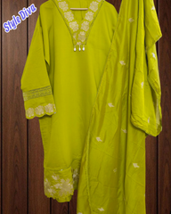 Elegant Modal Embroidered Suit with Crochet Lacing Detailing