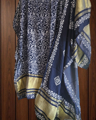 Elegant Muslin Batik Print Suit with Banarasi Accents