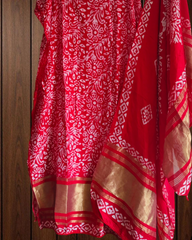 Elegant Muslin Batik Print Suit with Banarasi Accents- RED COLOR