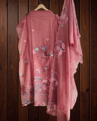 Exquisite Mul Chanderi Ensemble Adorned with Parsi Hand Embroidery