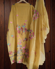 Exquisite Mul Chanderi Ensemble Adorned with Parsi Hand Embroidery
