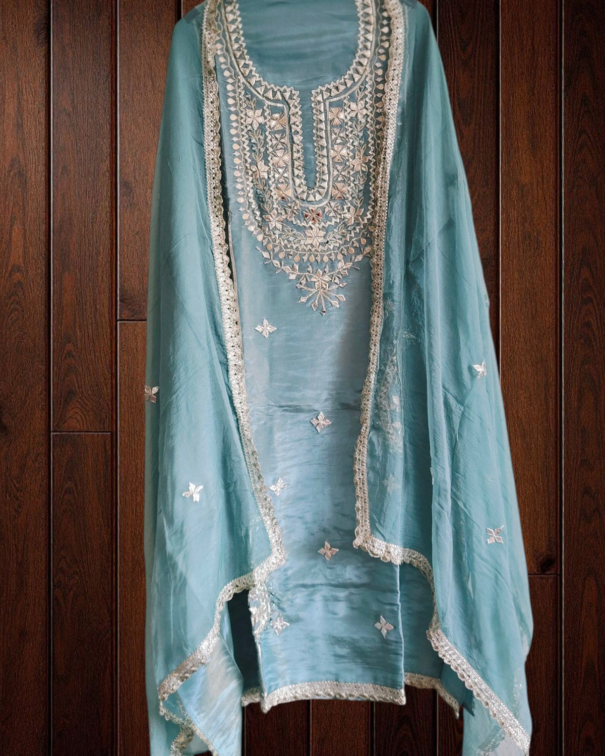 Opulent Elegance Shimmer Tissue Unstitched Suit with Gotta Detailing