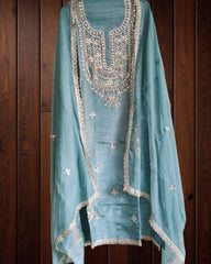 Opulent Elegance Shimmer Tissue Unstitched Suit with Gotta Detailing