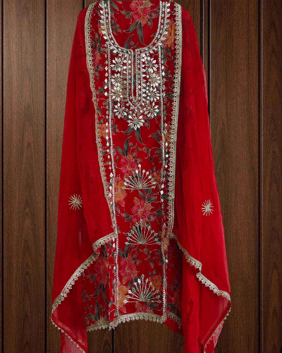 Glass Organza Unstitched Suit with All-Over Gotta Detailing And Chiffon Dupatta (Copy)