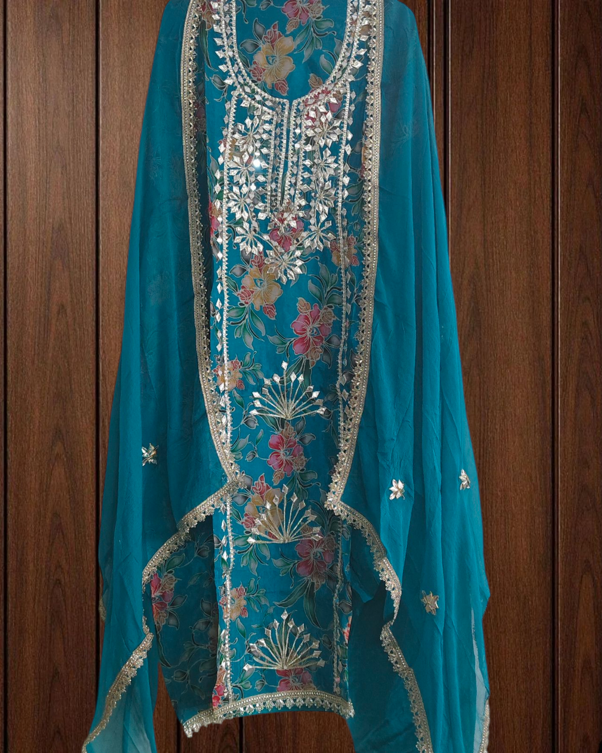 Glass Organza Unstitched Suit with All-Over Gotta Detailing And Chiffon Dupatta