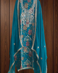 Glass Organza Unstitched Suit with All-Over Gotta Detailing And Chiffon Dupatta