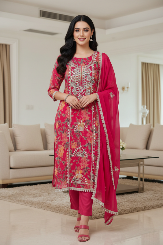 Glass Organza Unstitched Suit with All-Over Gotta Detailing And Chiffon Dupatta