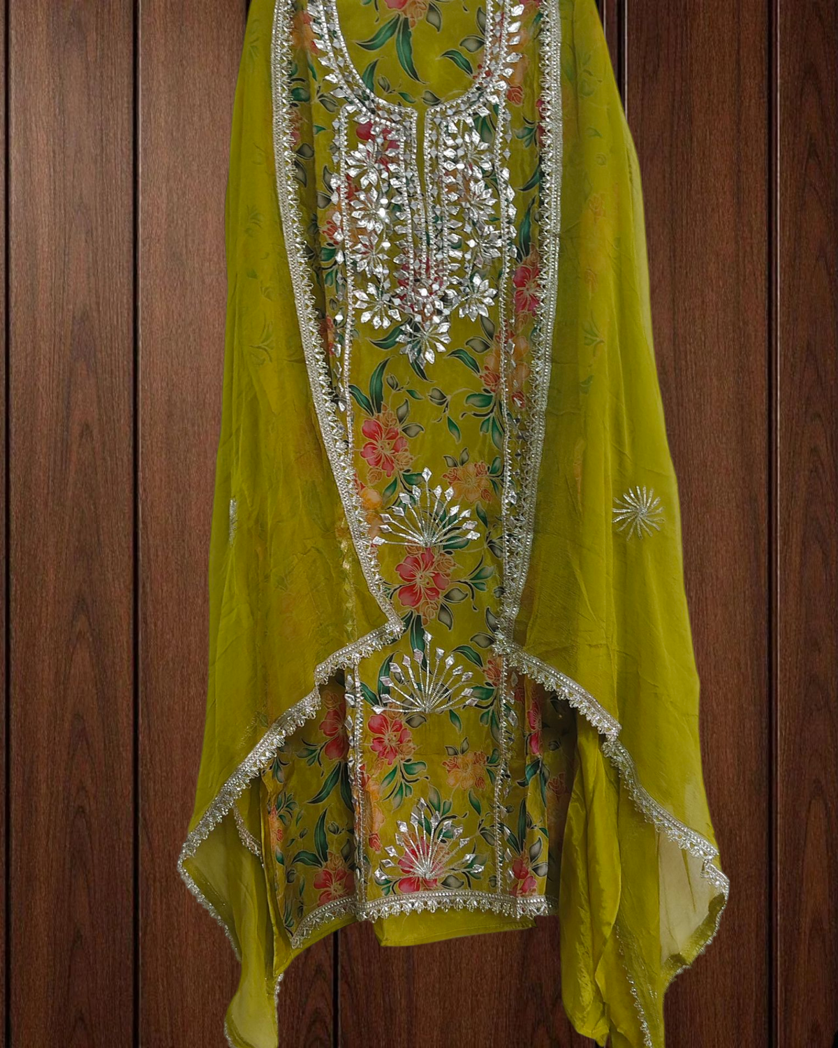 Glass Organza Unstitched Suit with All-Over Gotta Detailing And Chiffon Dupatta