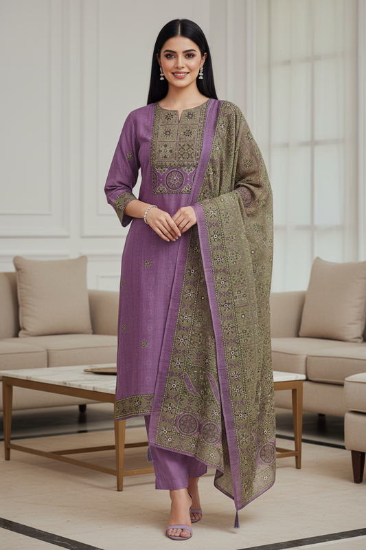 Elegant Linen Digital Print Suit Set with Kantha Work Detailing
