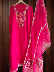 Jaam Cotton Embroidered Suit Set with Organza Dupatta & Crochet Detailing