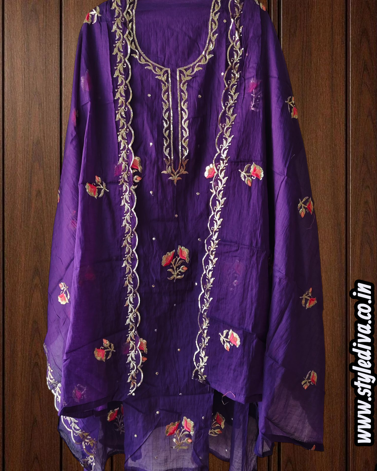 Mul Chanderi Pita & Thread Embroidered Unstitched Suit Set