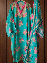 Muslin Digital Print Suit with Sequin & Mirror Neck Work – Unstitched Set