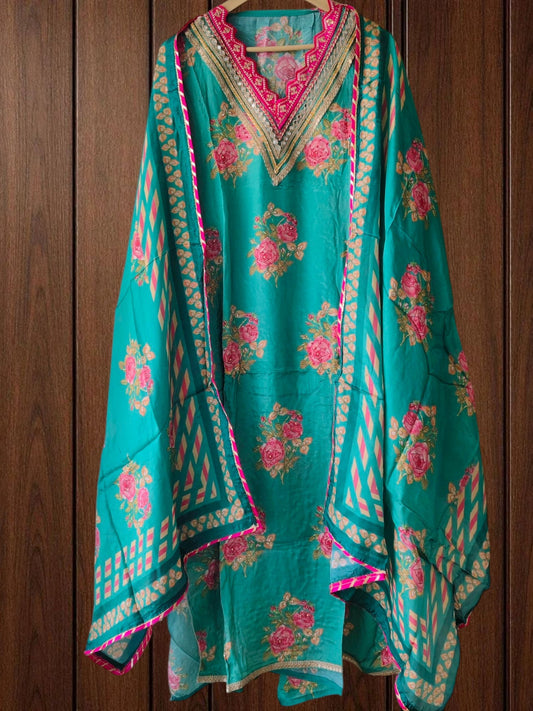 Muslin Digital Print Suit with Sequin & Mirror Neck Work – Unstitched Set