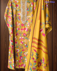 Cotton Digital Print Unstitched Suit with Neck Work