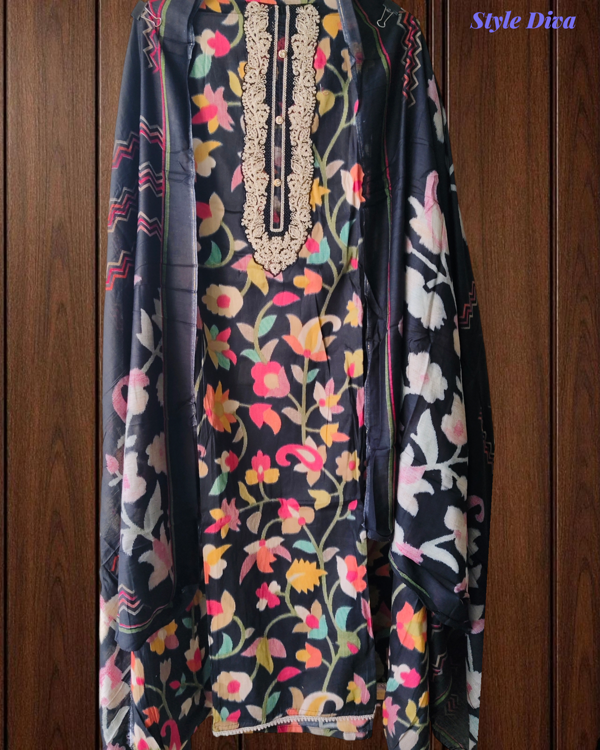 Cotton Digital Print Unstitched Suit with Neck Work