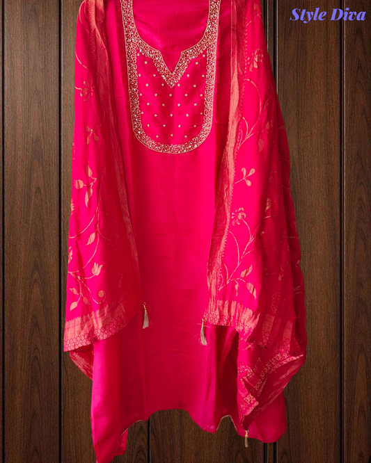 Crepe  Partywear Suit with cut dana work and Pearl Detailing