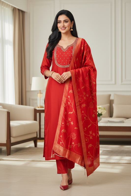 Crepe Partywear Suit with Zari and Pearl Detailing