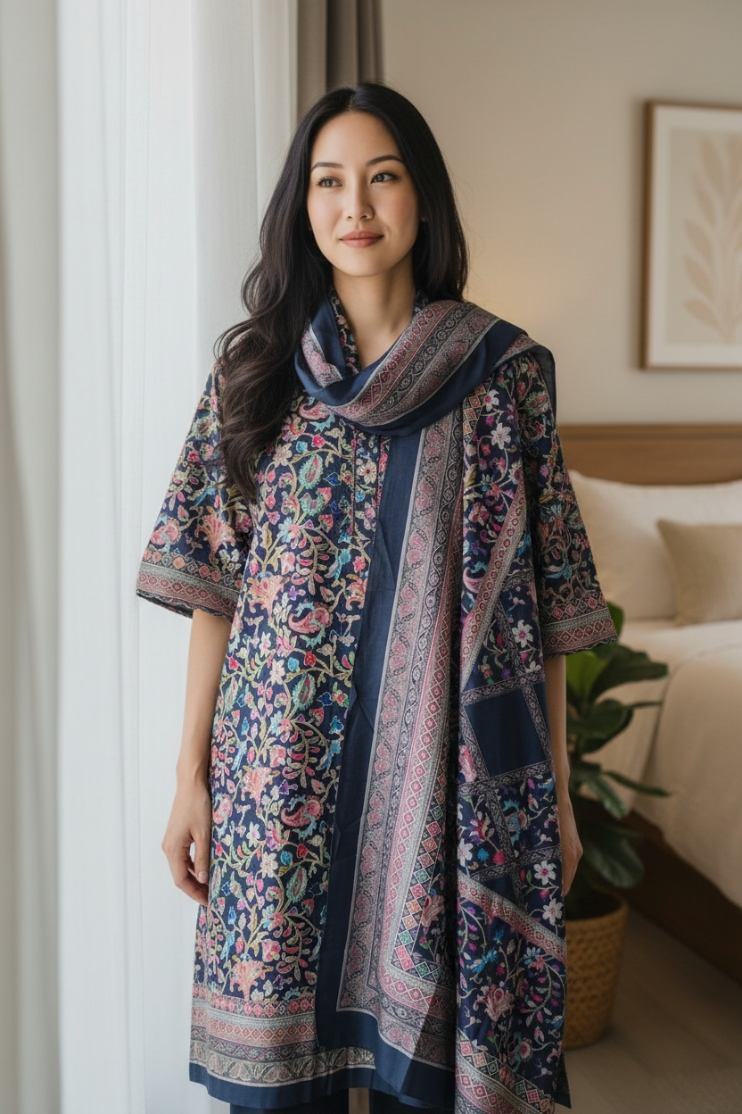 (BLACK)Winter Wear- Premium Pashmina Kurta Set with Digital Prints & All-Over Embroidery