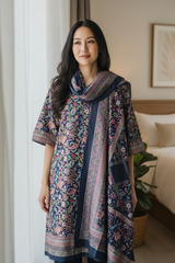 (BLACK)Winter Wear- Premium Pashmina Kurta Set with Digital Prints & All-Over Embroidery