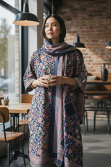 (BLACK)Winter Wear- Premium Pashmina Kurta Set with Digital Prints & All-Over Embroidery